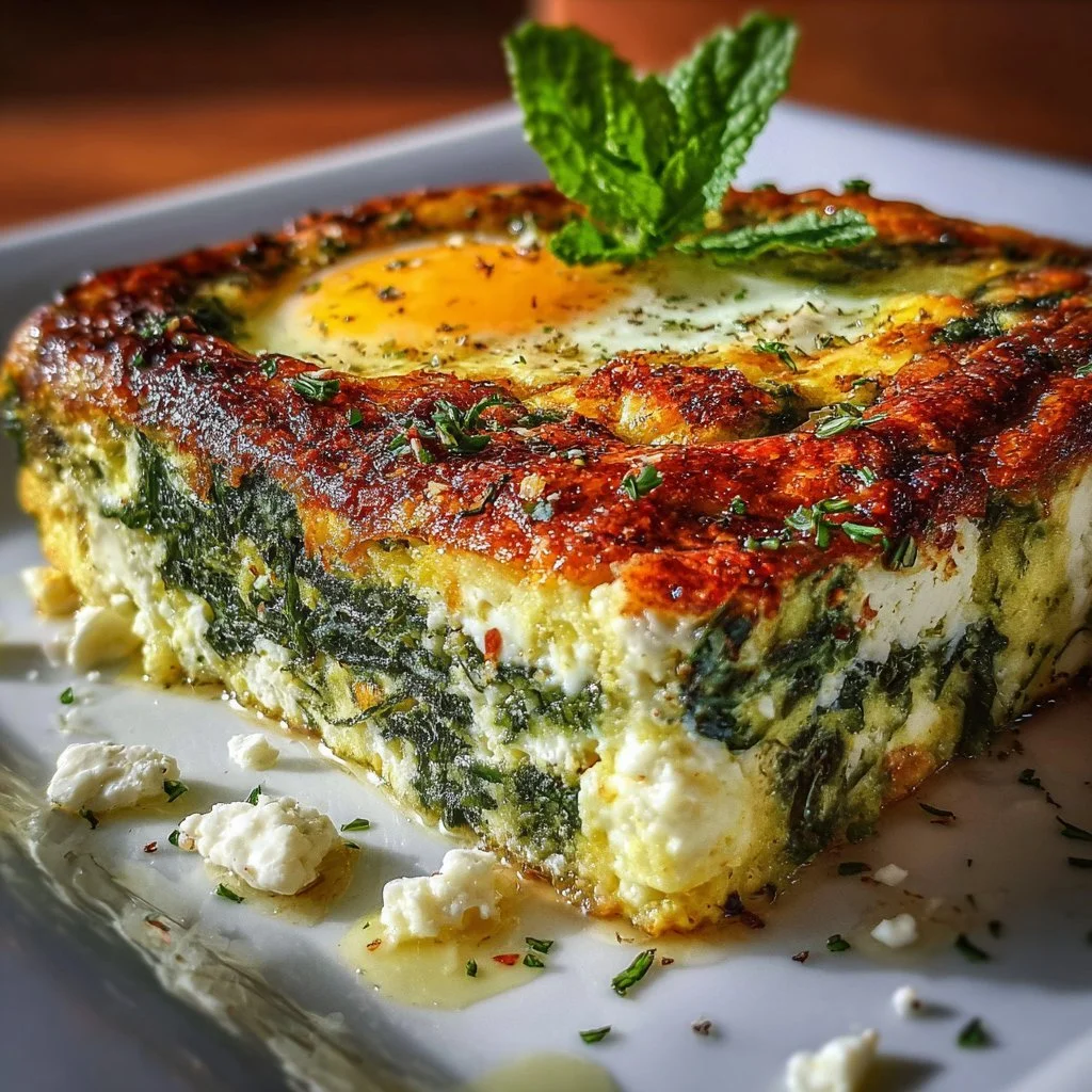 Low Carb Spinatsoufflé mit Feta und Ei auf einem Teller serviert