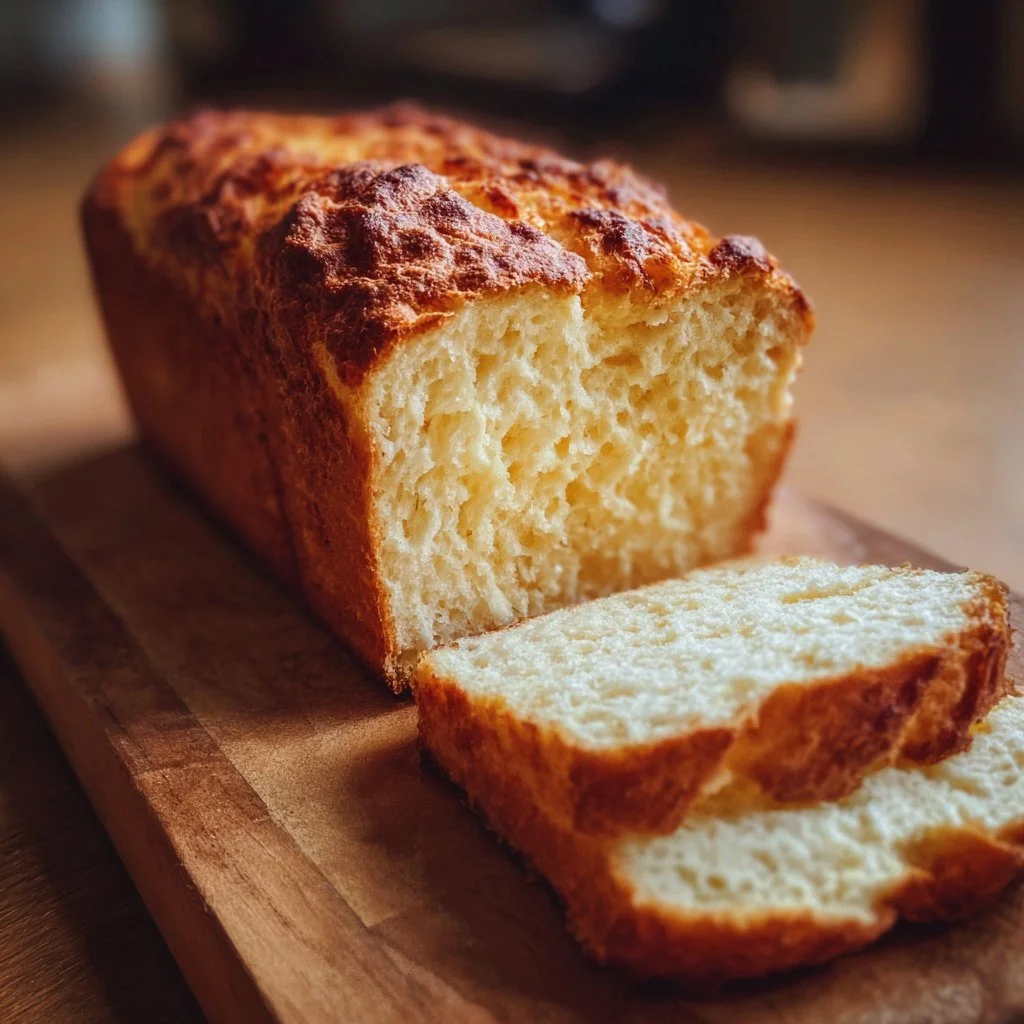 Null-Kohlenhydrat-Jogurt-Brot auf einem Holzbrett serviert.