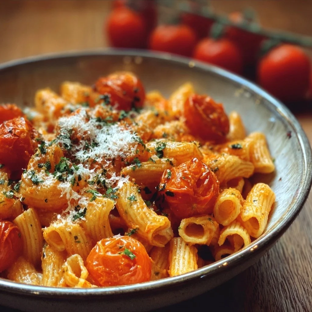 Schnelle Tomaten Knoblauch Pasta mit frischen Zutaten auf einem Teller