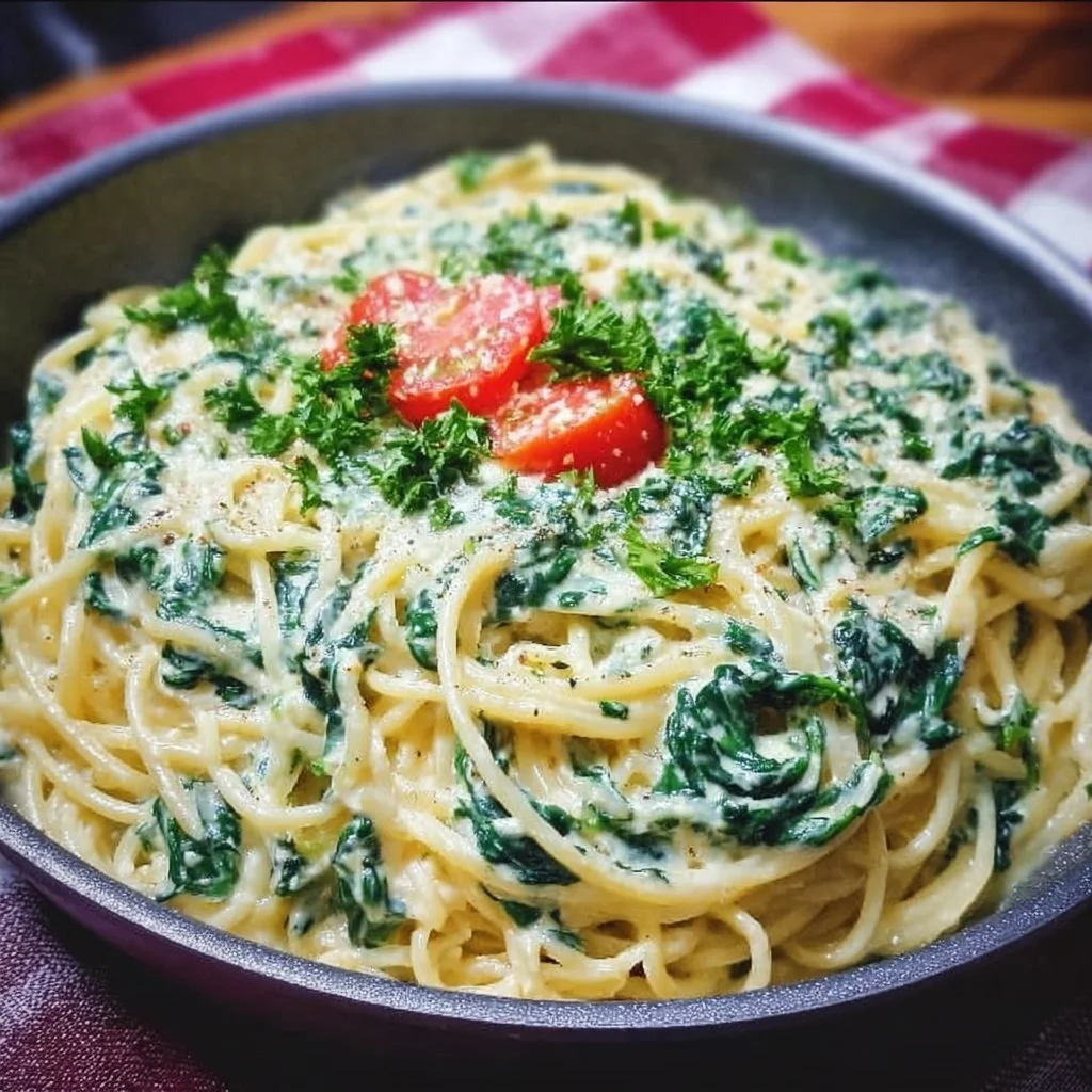 Spaghetti mit Spinat-Frischkäse-Sauce auf einem Teller serviert