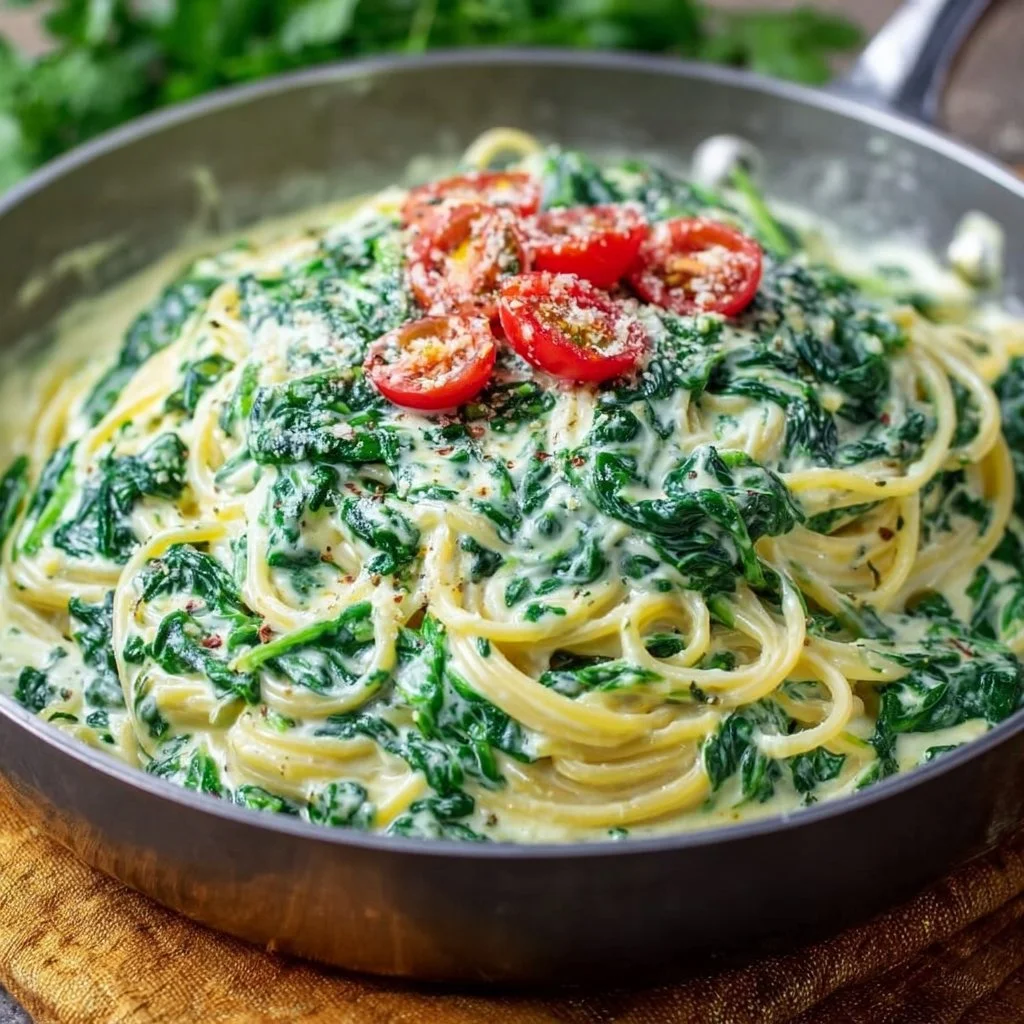 Spaghetti with Spinach Cream Cheese Sauce